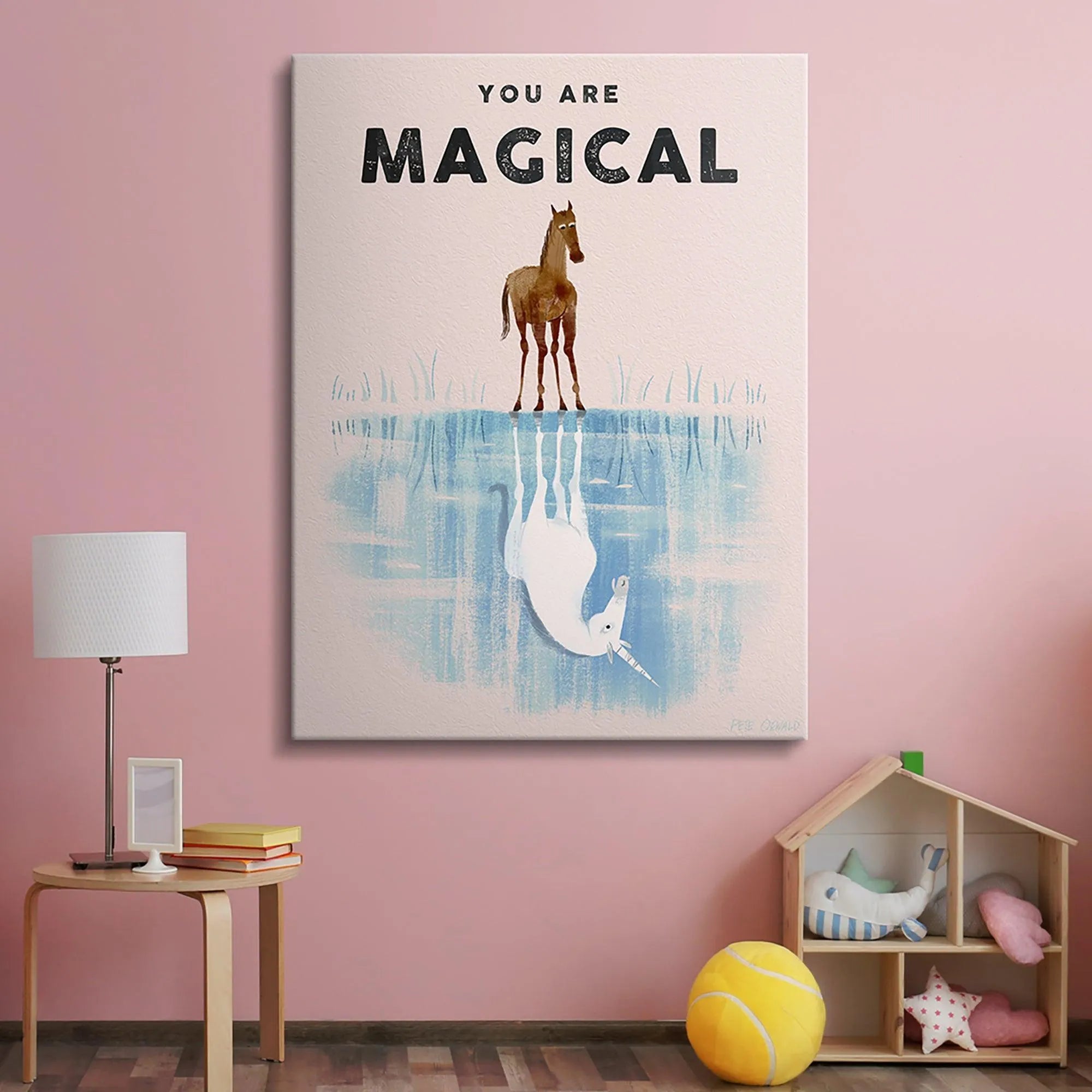 Detailed crop focusing on the horse's brown coat and the dark 'MAGICAL' typography in the 'Kids You Are Magical' design.