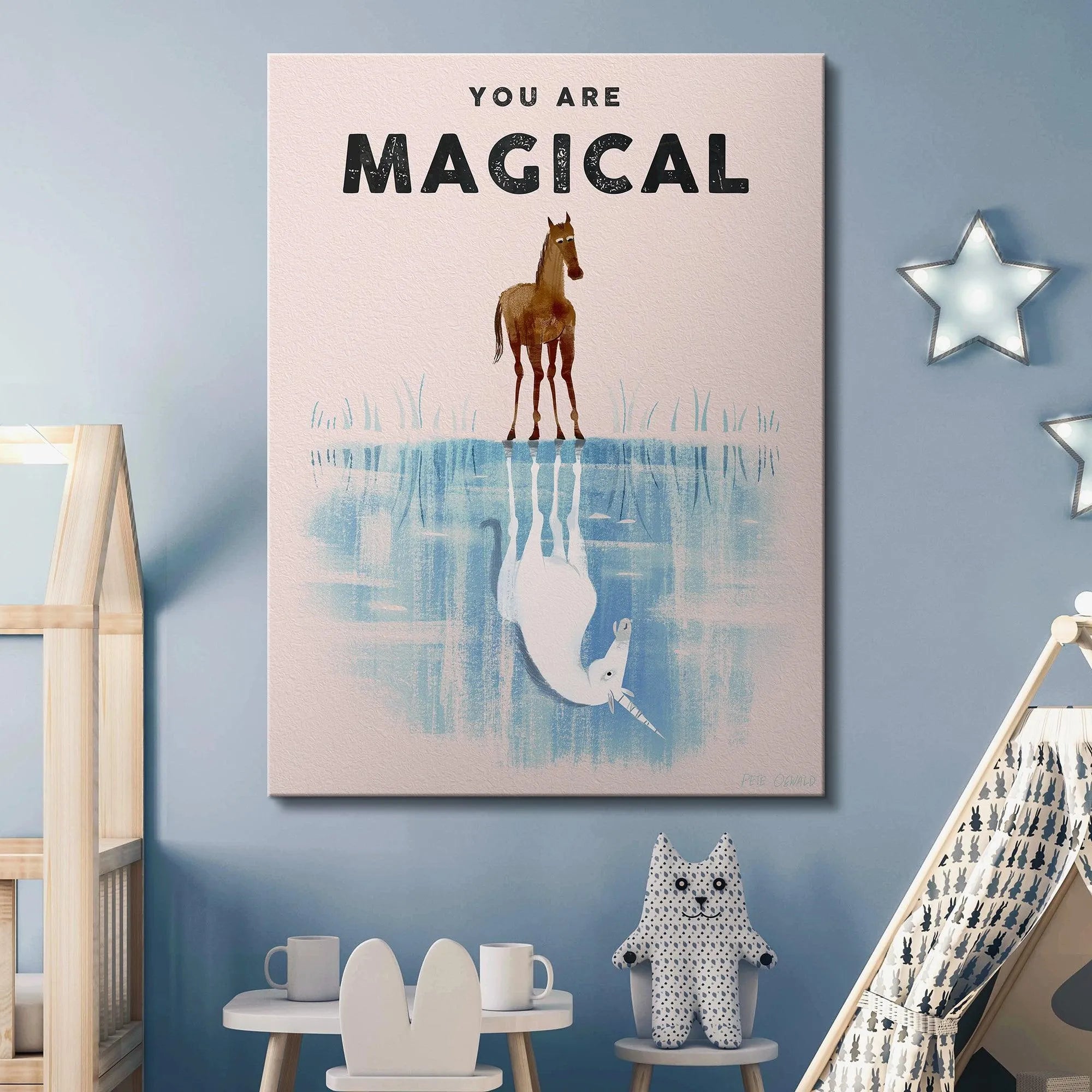 Angle view emphasizing the striking contrast between the realistic horse and the fantastical unicorn reflection in 'Kids You Are Magical'.