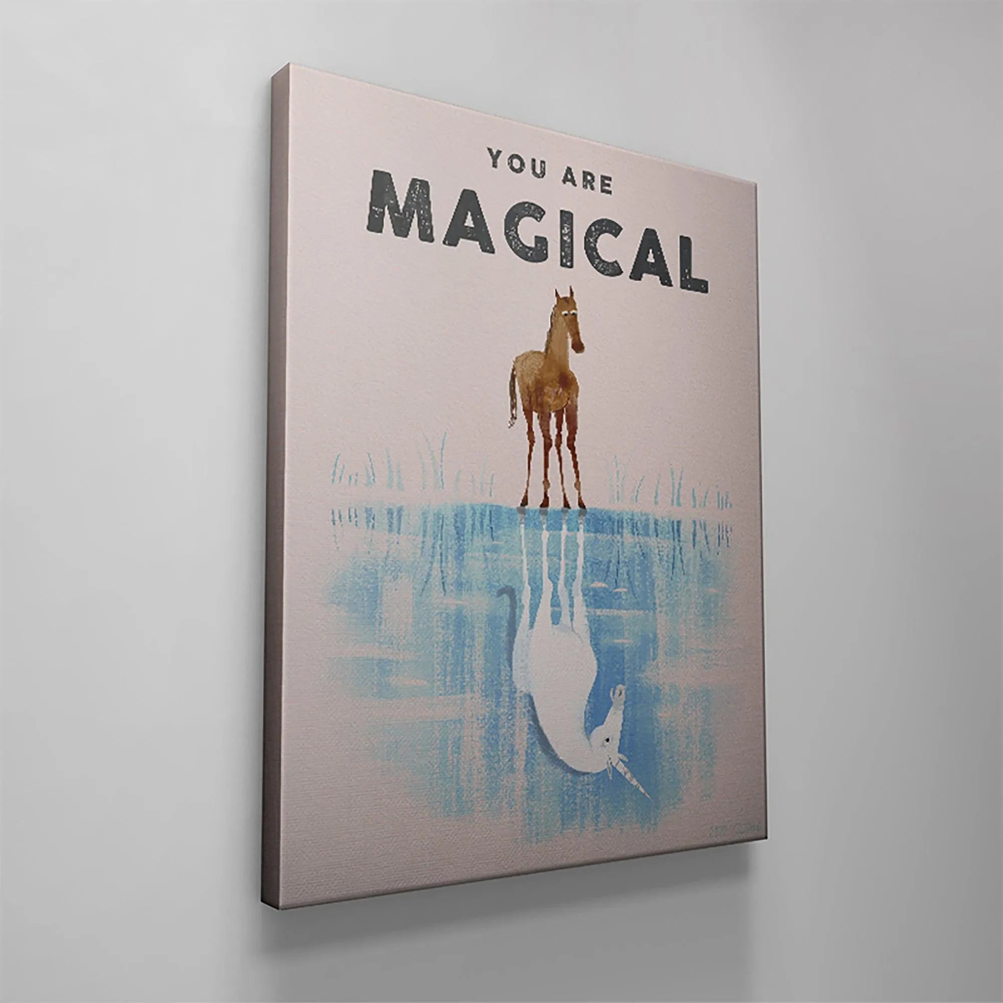 Water reflection detail highlighting the white unicorn horn and blue water surface in the 'Kids You Are Magical' artwork.