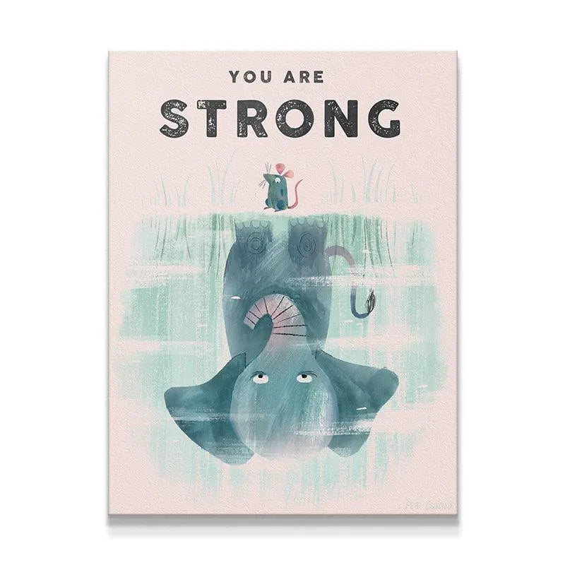 Full overhead view of the Kids You Are Strong art print showing the soft pink background and powerful elephant reflection.