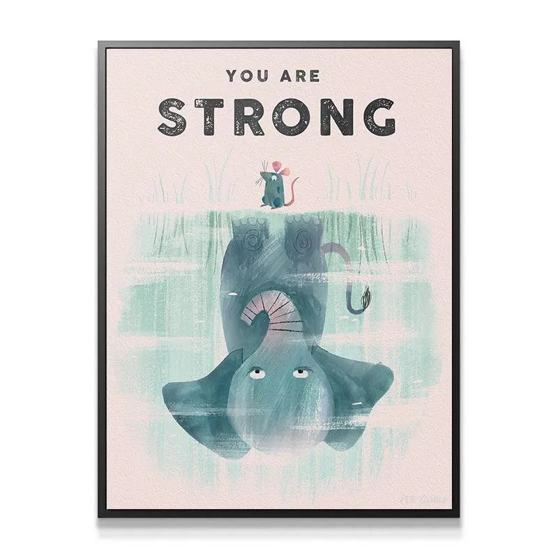 Close-up detail of the subtle watercolor texture on the bold text area of the Kids You Are Strong motivational poster.