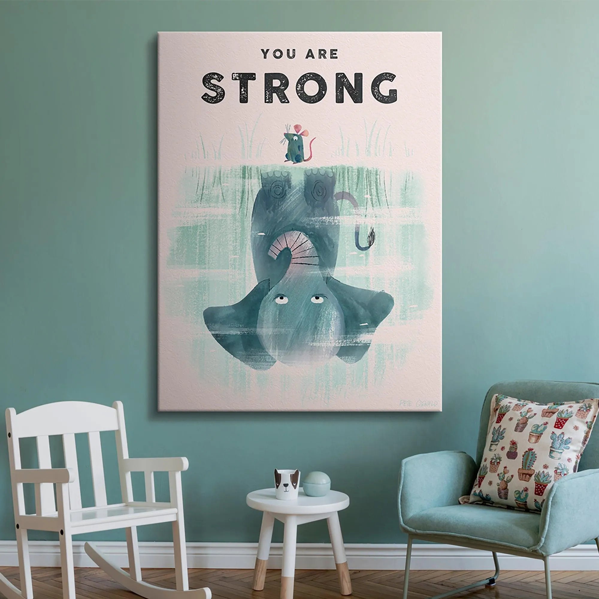 Vertical orientation of the inspiring Kids You Are Strong artwork showcasing the teal elephant reflection clearly in the water.