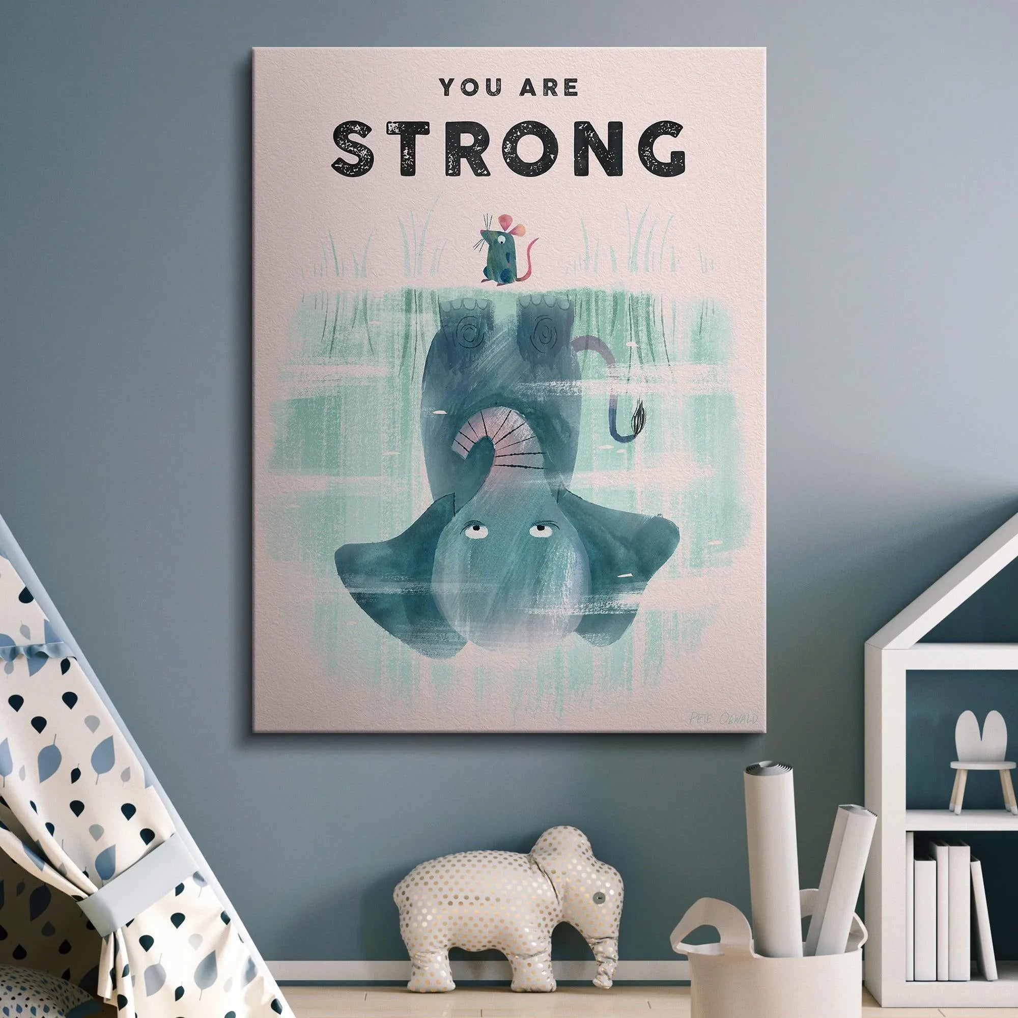 Corner detail focusing on the small mouse character positioned above the 'You Are Strong' text on the Kids You Are Strong canvas print.