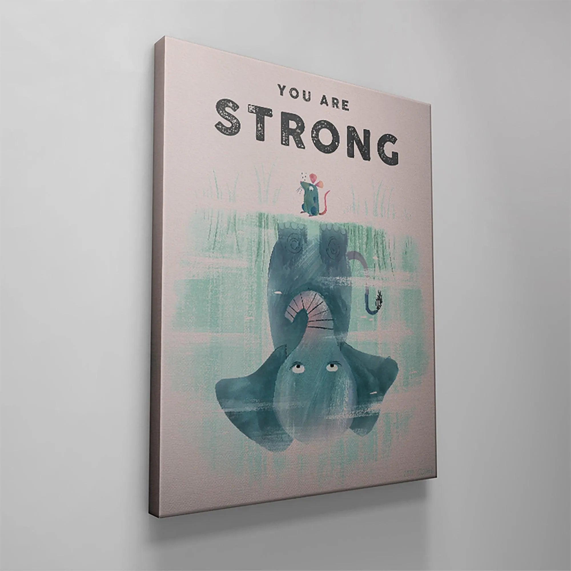 Angled product shot highlighting the matte finish and the pristine white border of the physical Kids You Are Strong wall decoration.