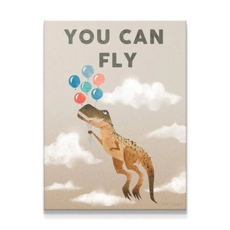 Full overhead view of the 'Kids You Can Fly' dinosaur soaring high with colorful balloons.