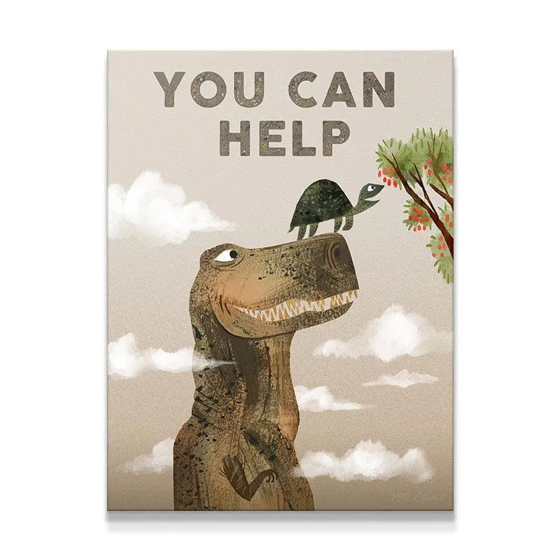 T-Rex and turtle cooperation close-up illustrating the message Kids You Can Help.