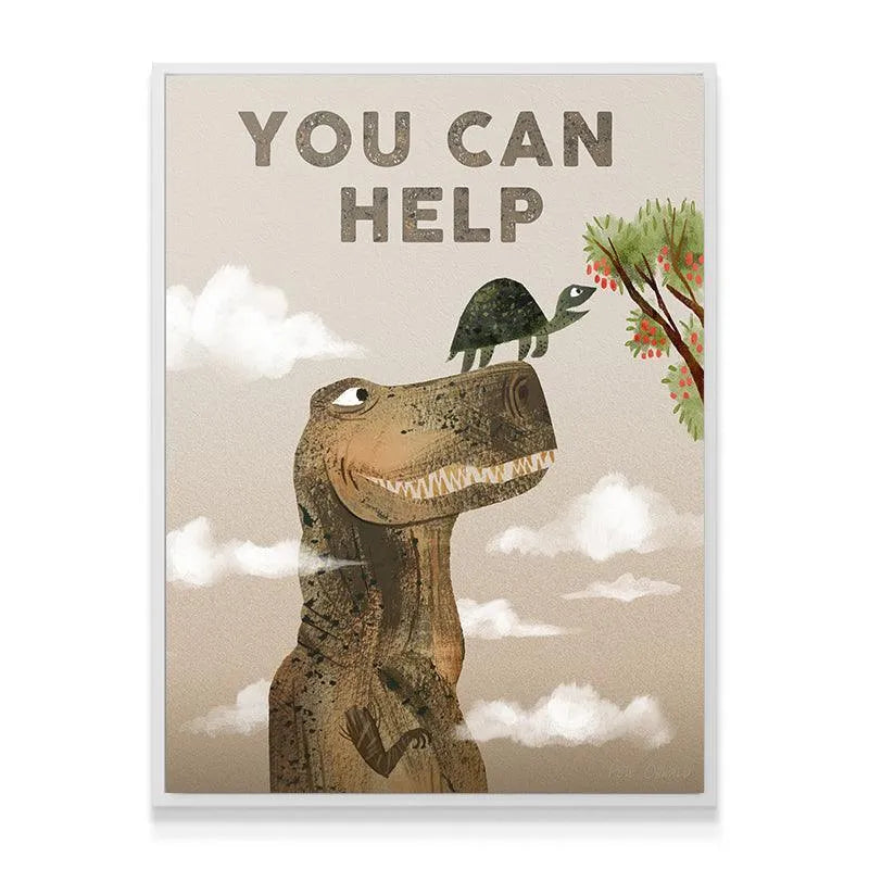 Watercolor style illustration of the friendly dinosaur lift in the Kids You Can Help print.