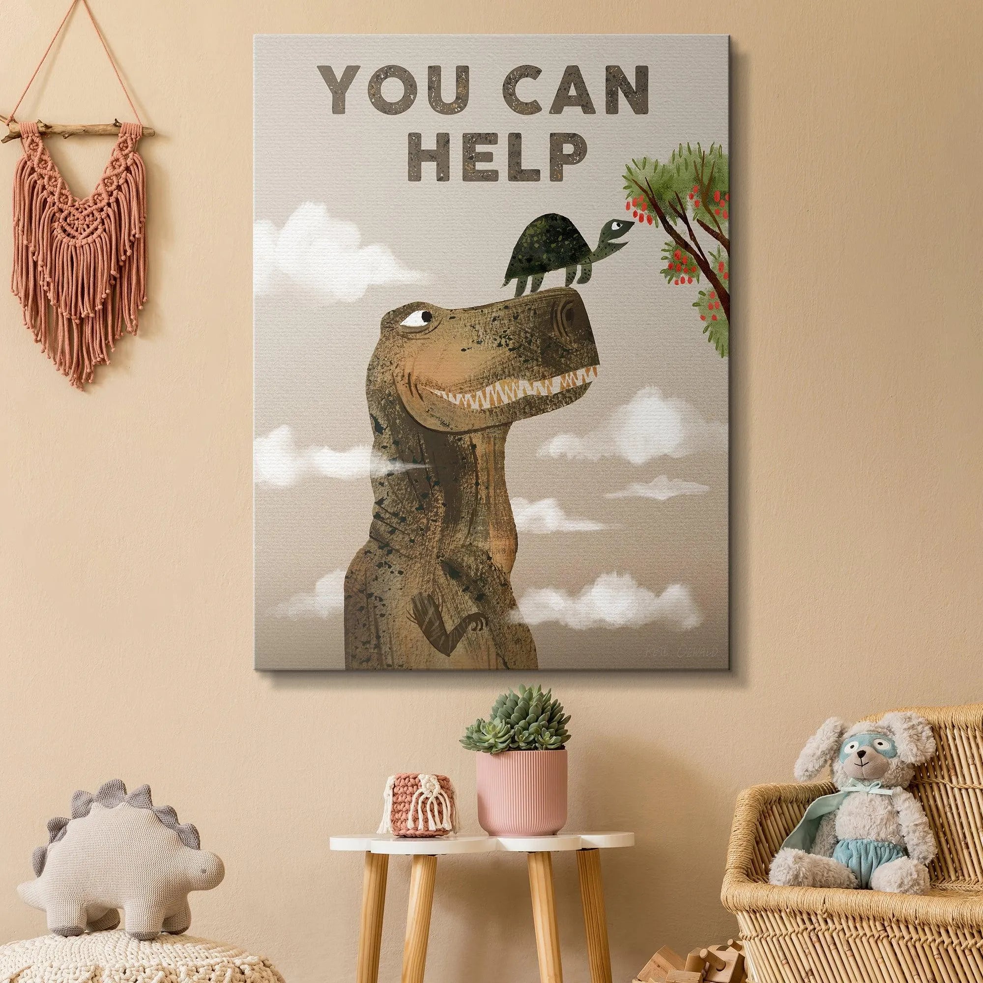 Lifestyle view of the motivational Kids You Can Help wall art hanging in a modern child's room.