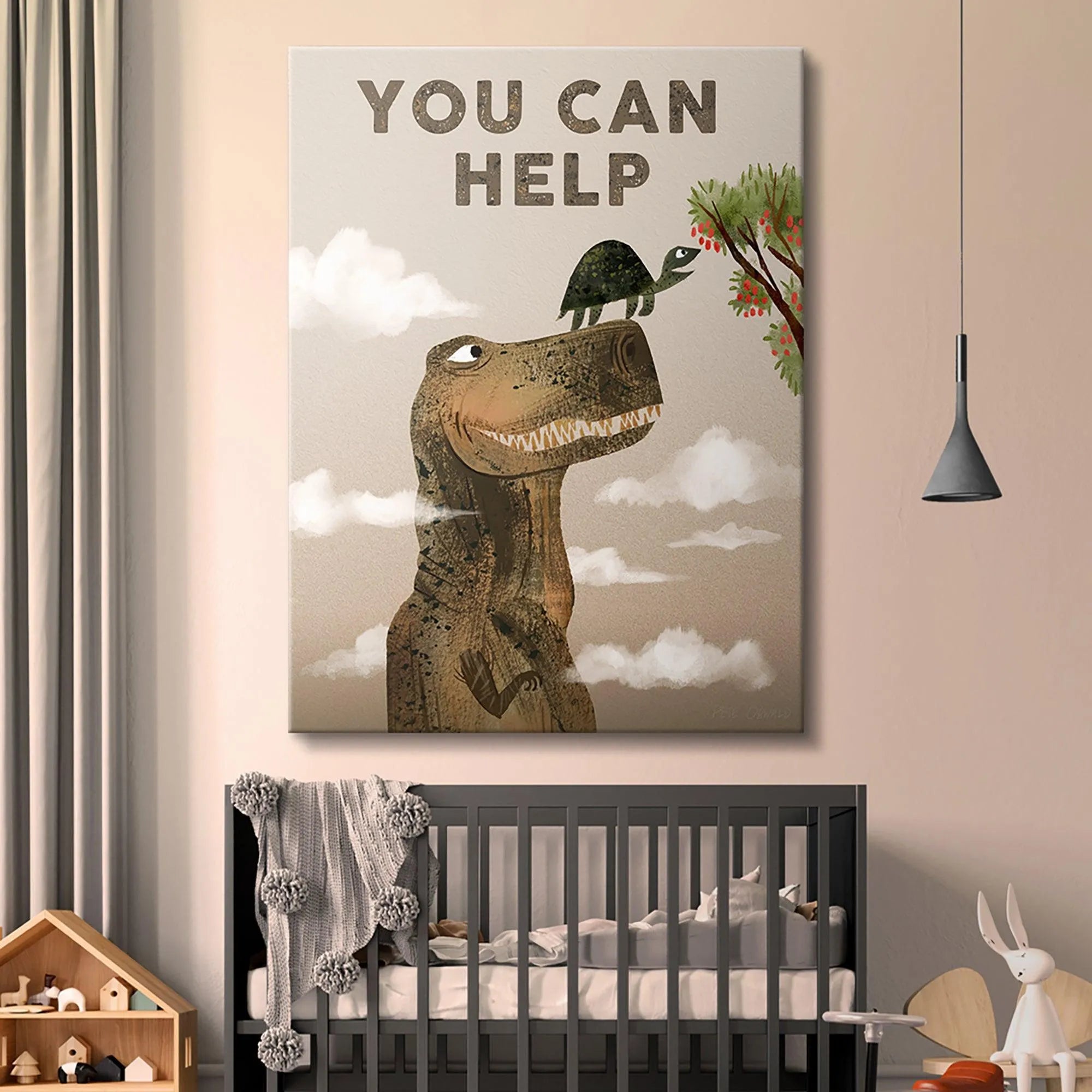 Wide angle shot showing the earthy beige background of the Kids You Can Help canvas print.