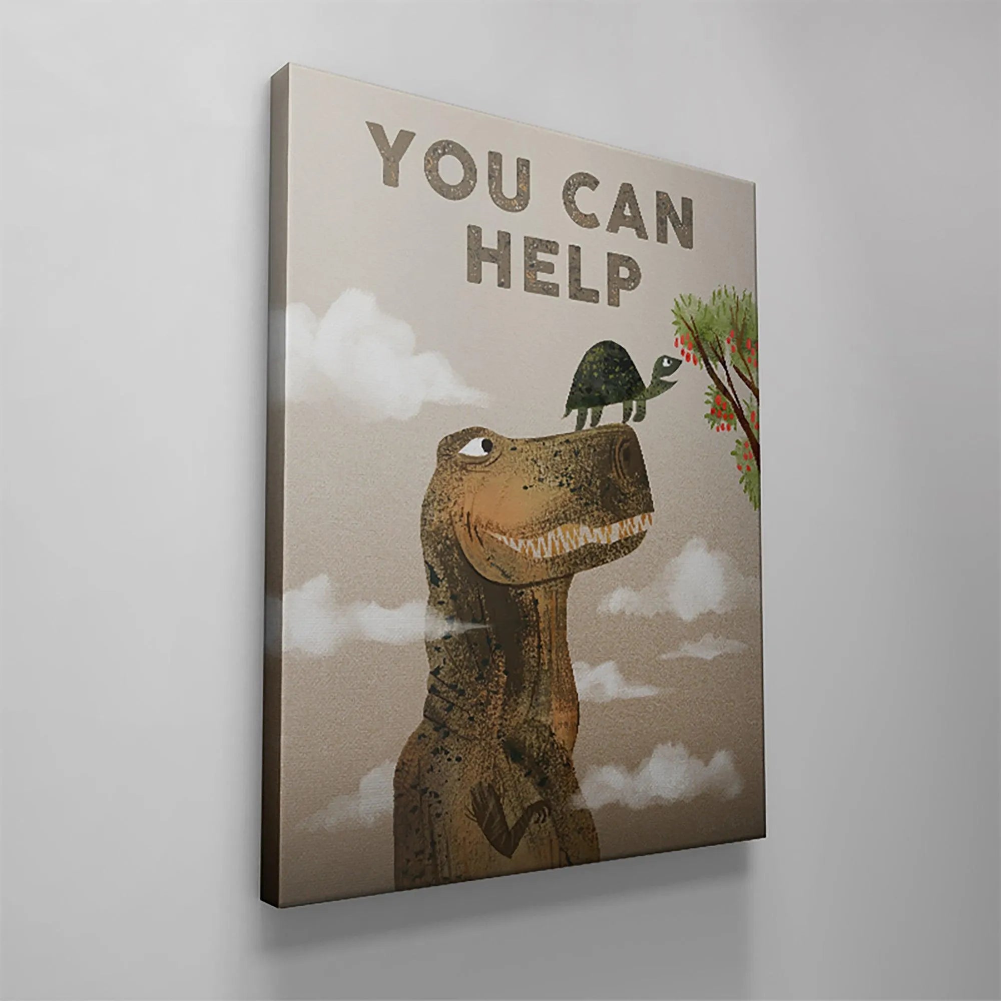 Detailed crop focusing on the cheerful expression of the T-Rex in the Kids You Can Help artwork.
