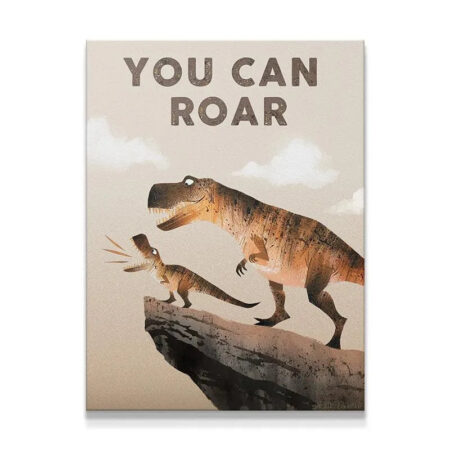 Motivational dinosaur print displaying the 'Kids You Can Roar' phrase above the scene on a textured canvas.