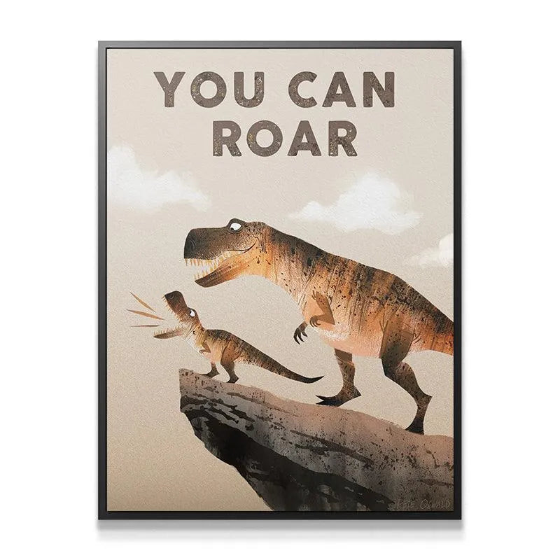 Close-up view of the baby T-Rex roaring assertively on the cliff from the 'Kids You Can Roar' artwork.