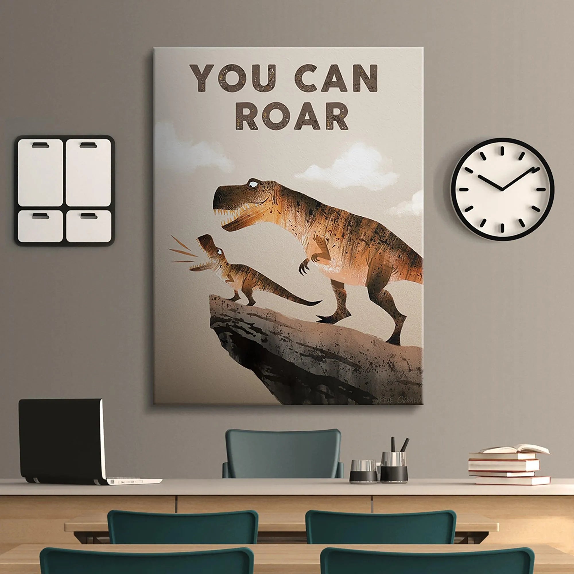 Detailed texture shot highlighting the earthy brown and beige watercolor finish of the 'Kids You Can Roar' print.