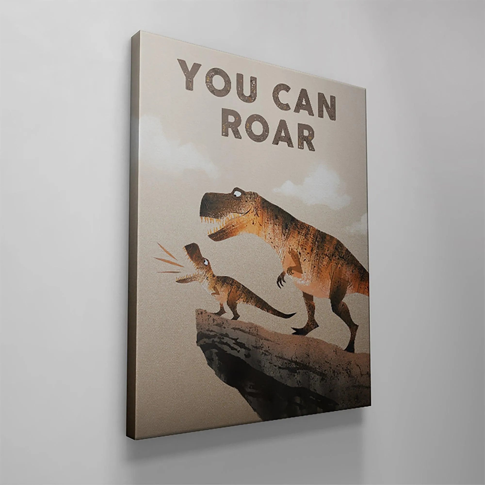 Angular shot capturing the dramatic dark rock cliff face beneath the cheerful dinosaurs in the 'Kids You Can Roar' wall decor.