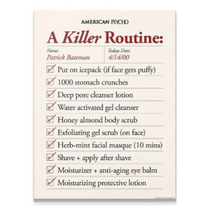 Killer Routine Wall Art Full overhead view of the classic American Psycho Killer Routine print on a cream background.