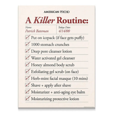 Full overhead view of the classic American Psycho Killer Routine print on a cream background.