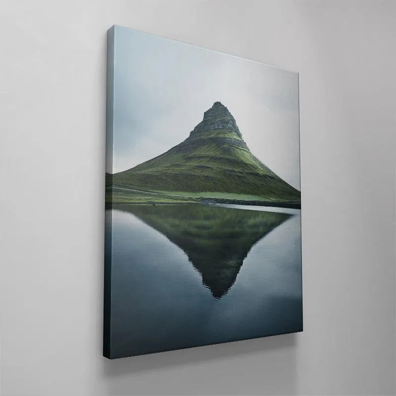 Decorative lifestyle image showing the Kirkjufell print framed in a modern living room setting.