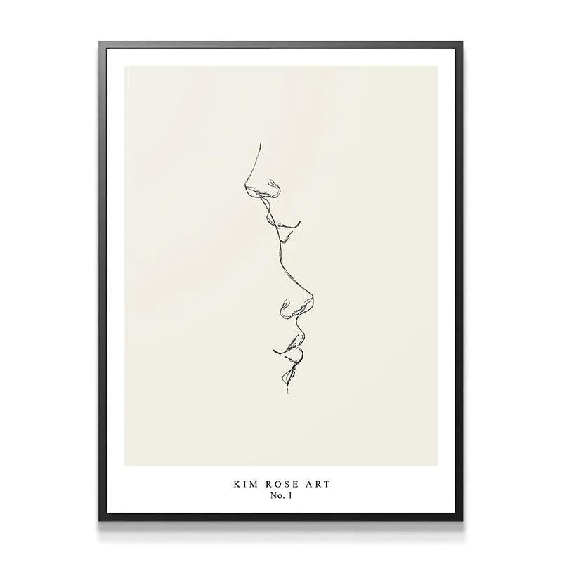 Full straight-on shot of the contemporary 'Kiss - White' print in a light wood frame.