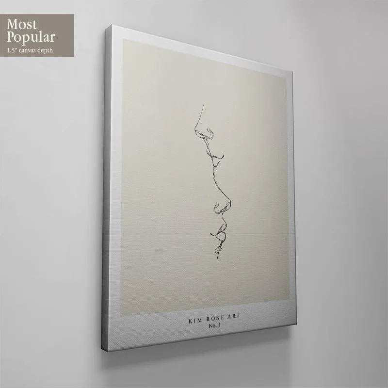 The 'Kiss - White' artwork displayed prominently on a neutral gallery wall alongside other minimalist prints.