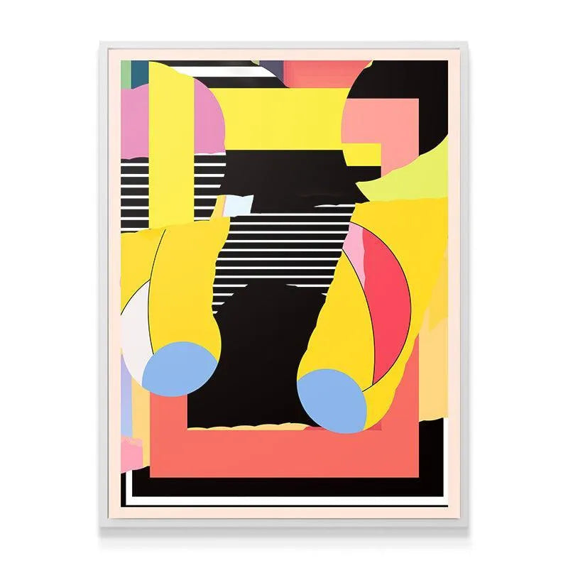 Detail showing the light blue and pink curved shapes within the Kitty Krash print.