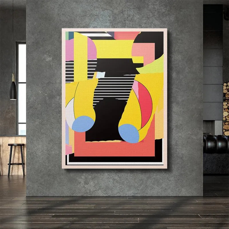 Lifestyle shot: Kitty Krash hanging above a sleek, mid-century modern sofa.