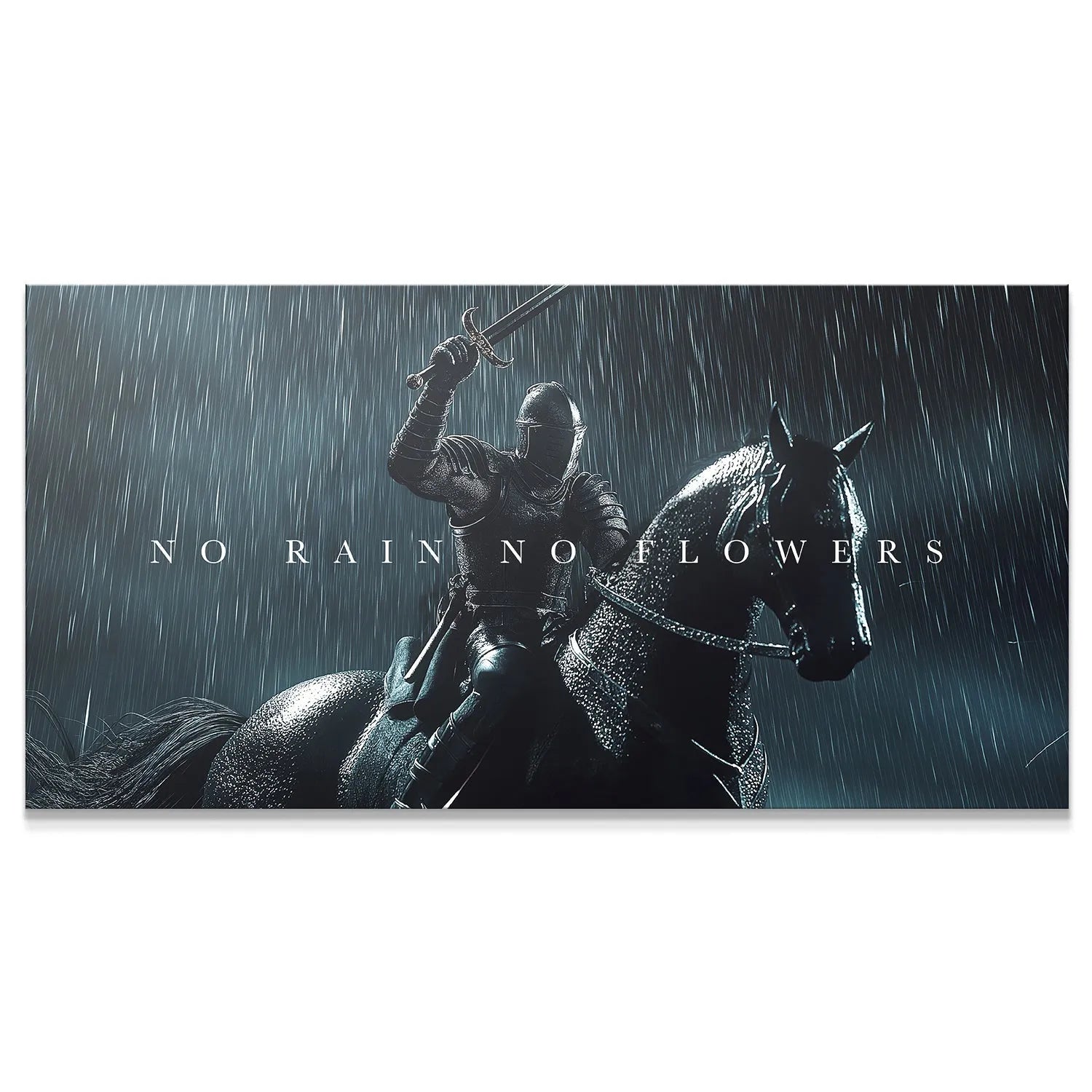 Wide shot of the medieval warrior and horse under heavy vertical rain streaks: Knight - No Rain, No Flowers.