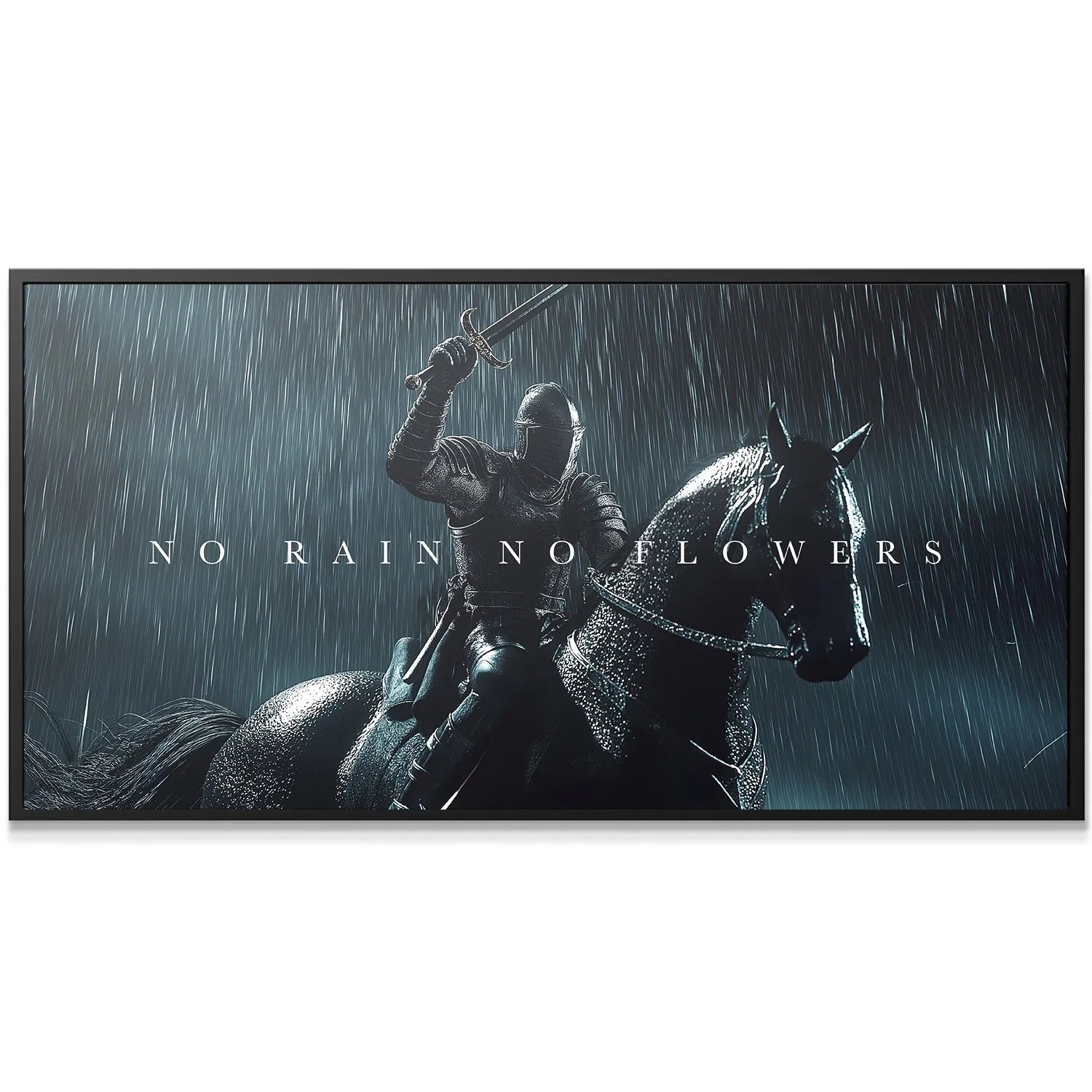 Detailed texture of the black, wet metal armor reflecting light: Knight - No Rain, No Flowers.
