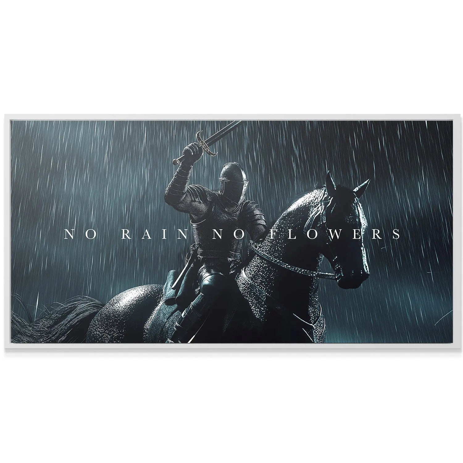 Side view perspective showing the powerful silhouette of the horse and rider against the storm: Knight - No Rain, No Flowers.