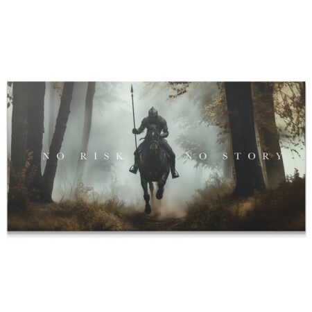 Dynamic canvas art of armored knight charging on a horse through a misty forest: Knight - No Risk, No Story.