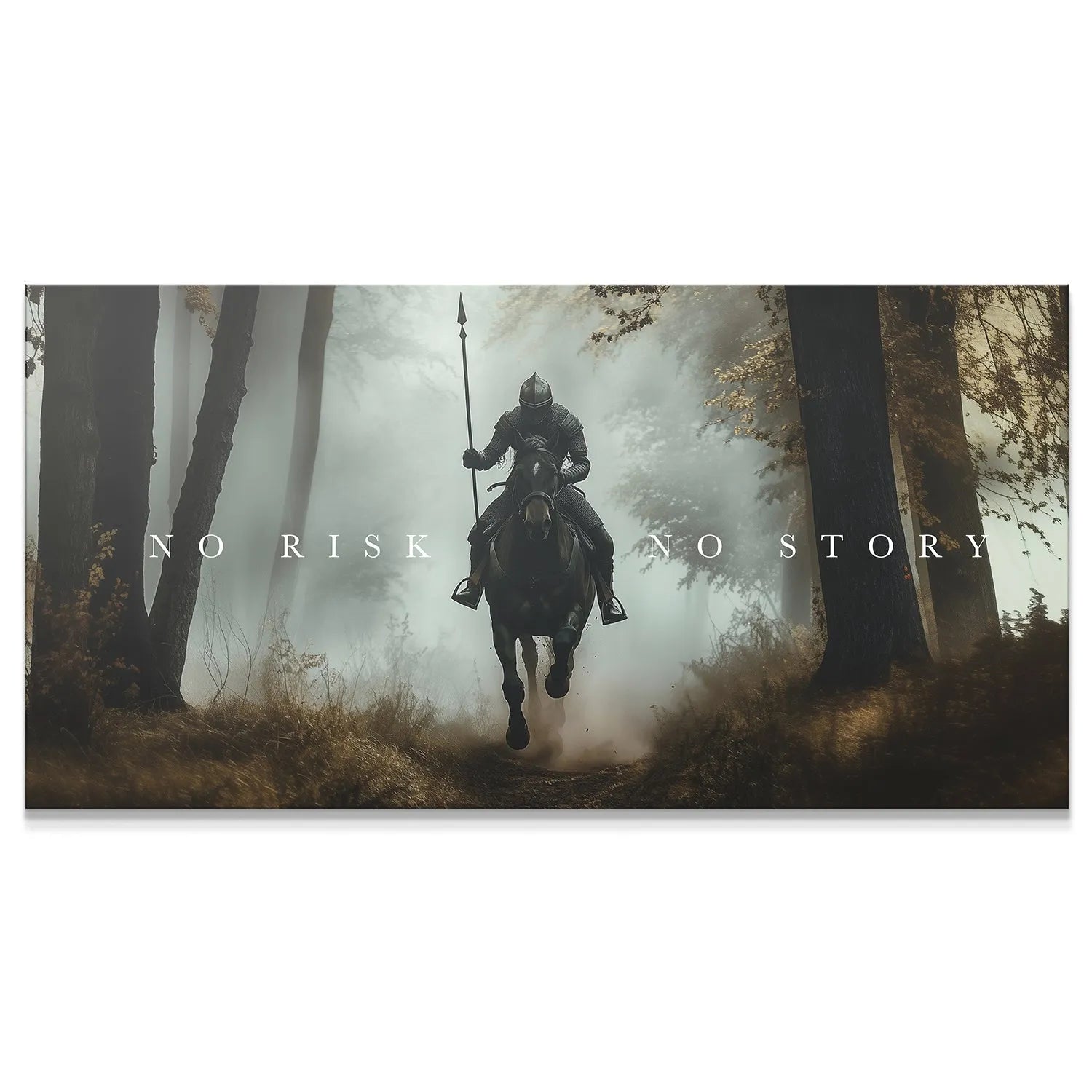 Dynamic canvas art of armored knight charging on a horse through a misty forest: Knight - No Risk, No Story.