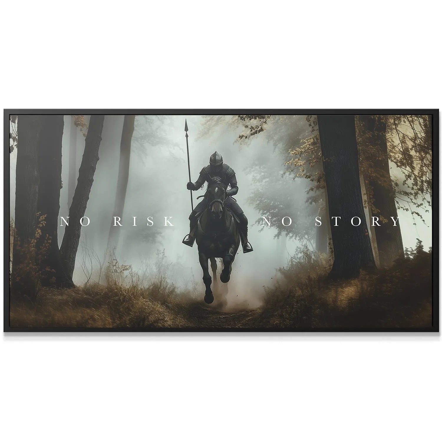 Close-up detailed view of the knight's dark armor and helm during the charge, highlighting the text: Knight - No Risk, No Story.