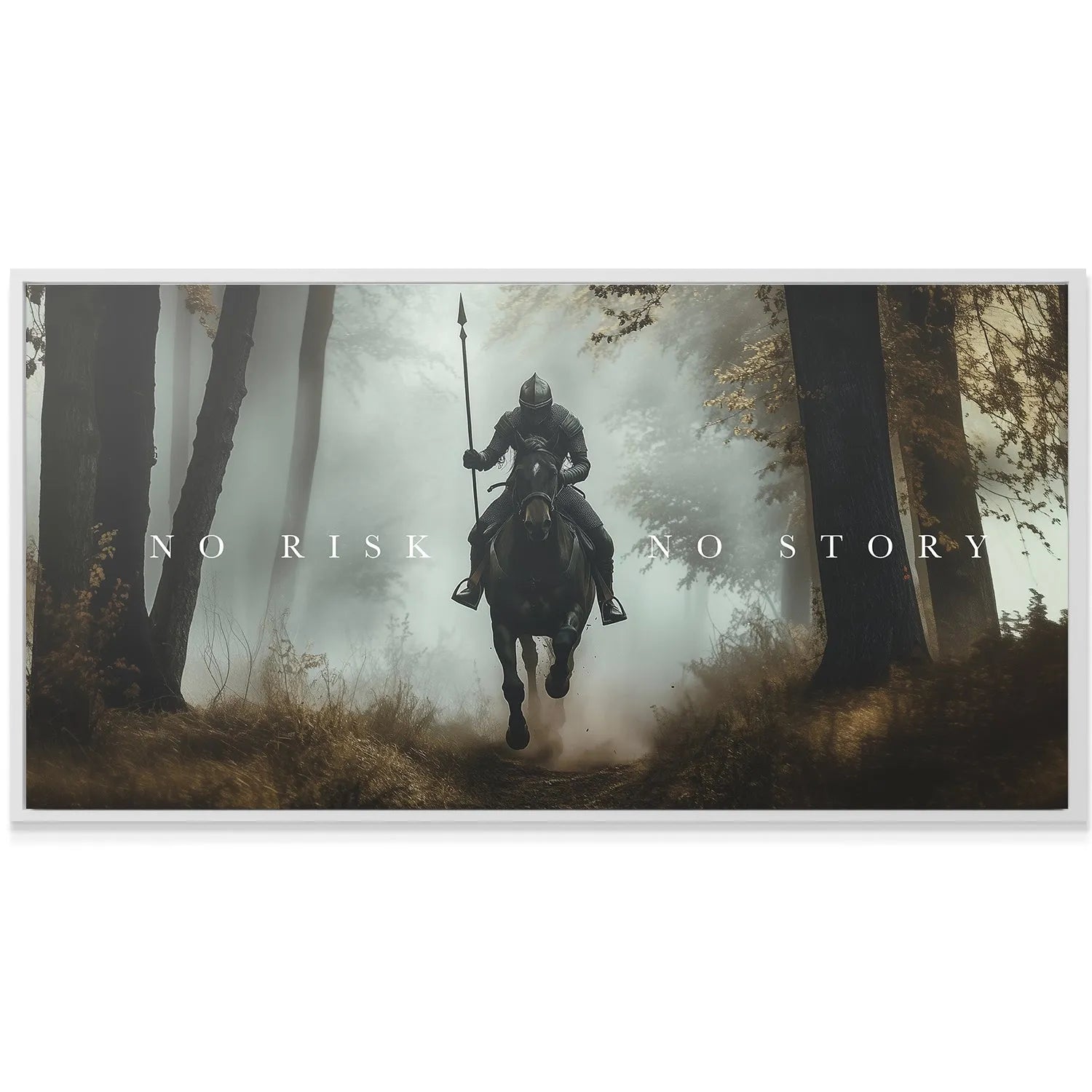 Low-angle view emphasizing the powerful movement of the horse kicking up dust during the gallop: Knight - No Risk, No Story.