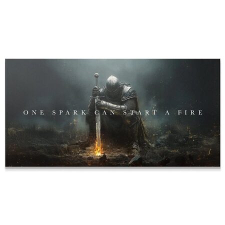 Full shot of the kneeling armored warrior holding a sword in the Knight - One Spark canvas print.