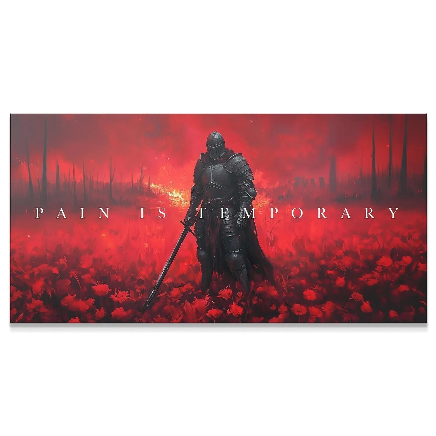 Wide shot of the armored warrior featured in the 'Knight - Pain Is Temporary' dark fantasy canvas print.