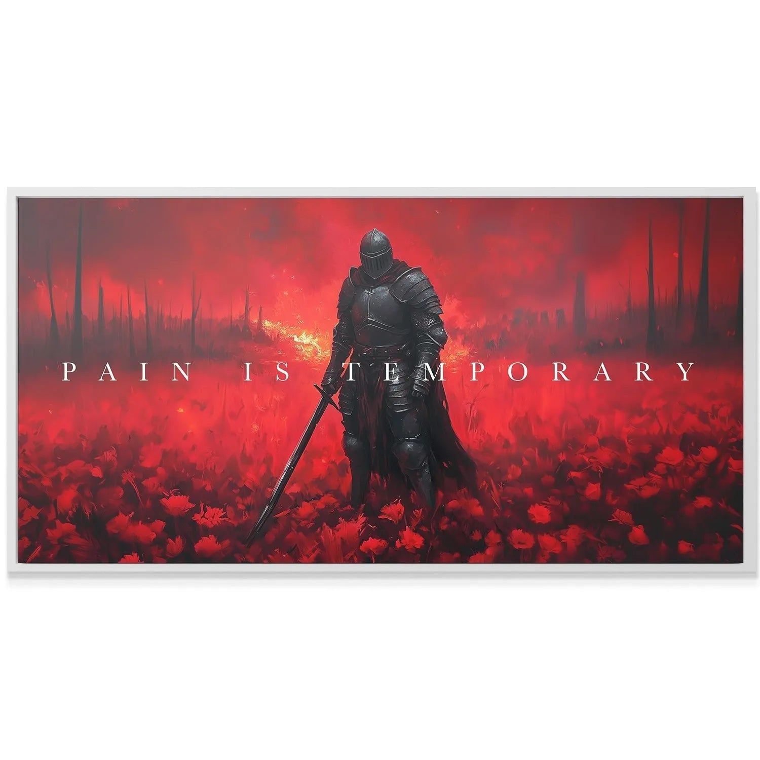 Texture detail of the canvas surface highlighting the red floral bed beneath the knight in 'Knight - Pain Is Temporary' artwork.