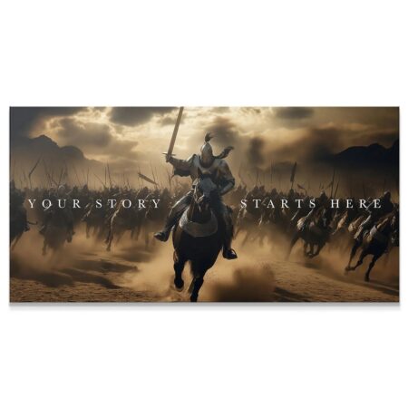 Panoramic view of a charging cavalry led by a heroic figure, highlighting the drama of 'Knight - Your Story'.