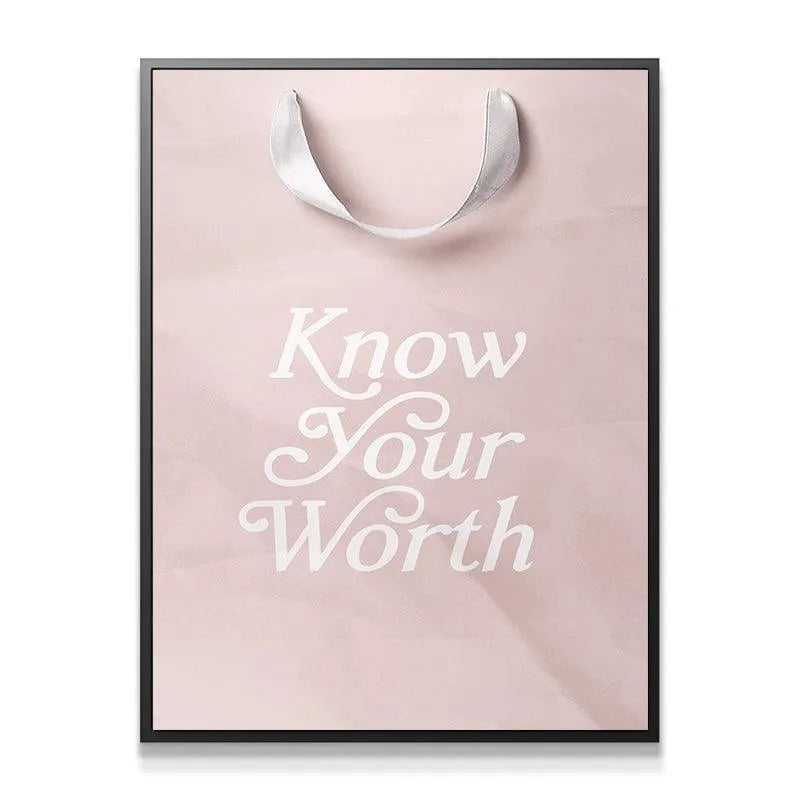 Close-up detail showing the texture of the matte paper on the 'Know Your Worth' empowerment bag.