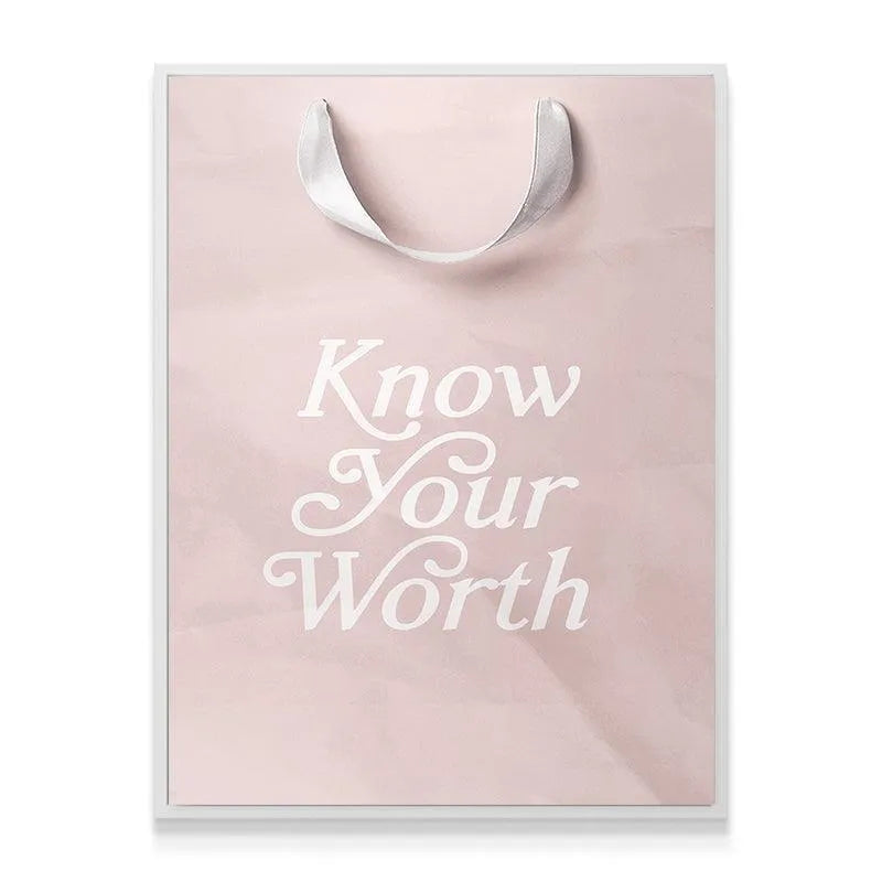 Angled shot highlighting the depth and side gussets of the 'Know Your Worth' motivational packaging.