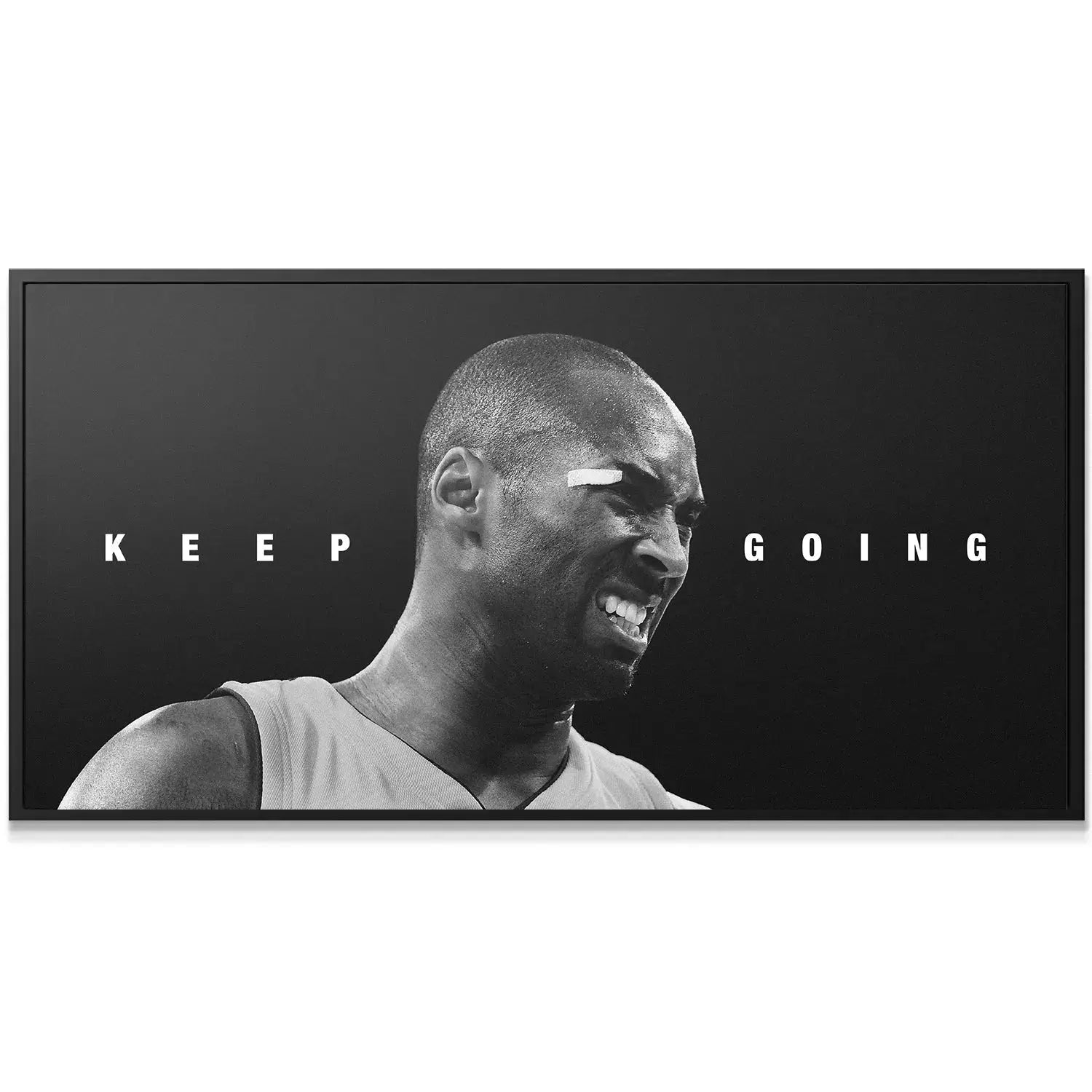 Black and white canvas art featuring the profile and physical exertion of Kobe Bryant - Keep Going.
