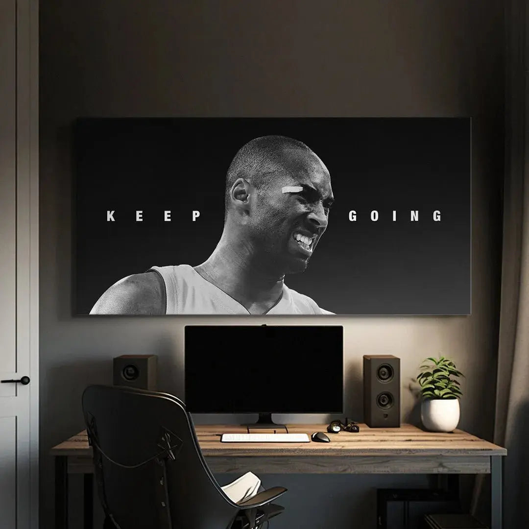 Textured print detail highlighting the sweat and band-aid visible in the 'Kobe Bryant - Keep Going' artwork.