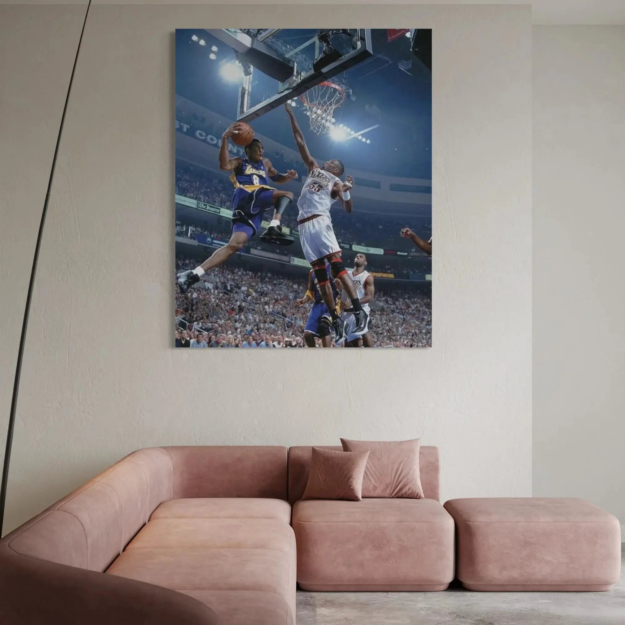 Kobe Bryant Lakers vs 76ers canvas art displayed in a stylish living room.