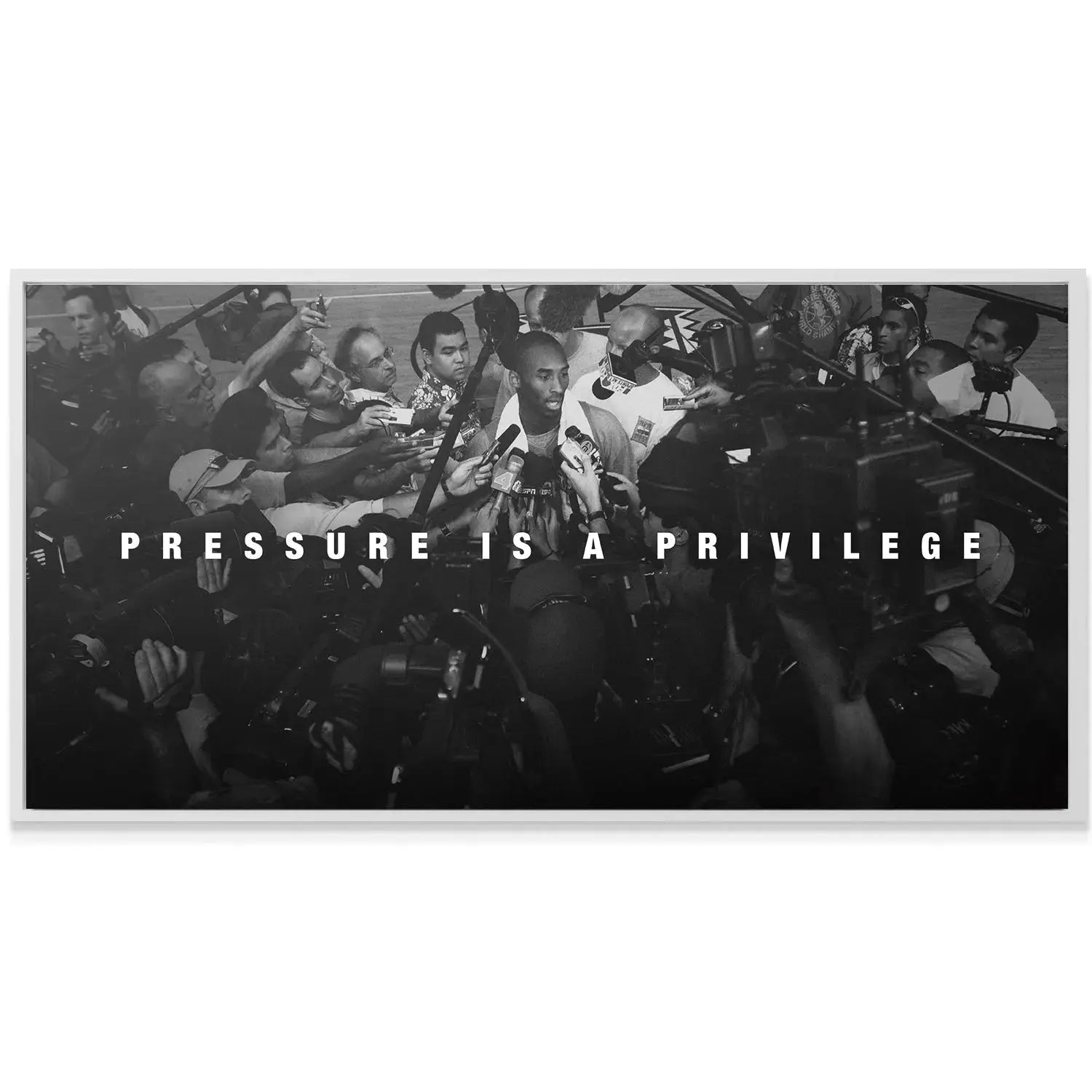 Texture view of the high-quality print material highlighting the bold white lettering of Kobe Bryant - Pressure Is A Privilege.