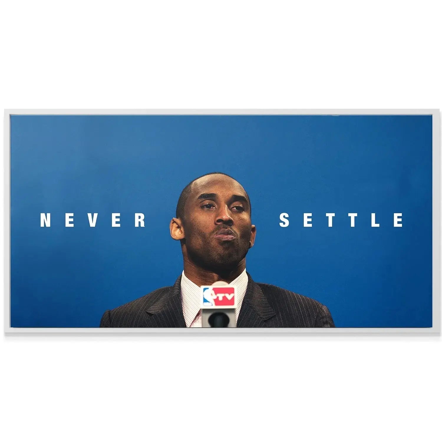 Angled perspective showing the thickness and frame quality of the iconic 'Kobe - Never Settle' wall art.