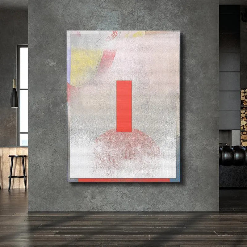 Detail of the stark coral vertical bar against the textured circle in the Kubik design.