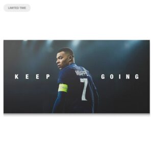 Kylian Mbappé – Keep Going Wall Art Full horizontal view of the motivational print Kylian Mbappé - Keep Going set against a dark, moody background.
