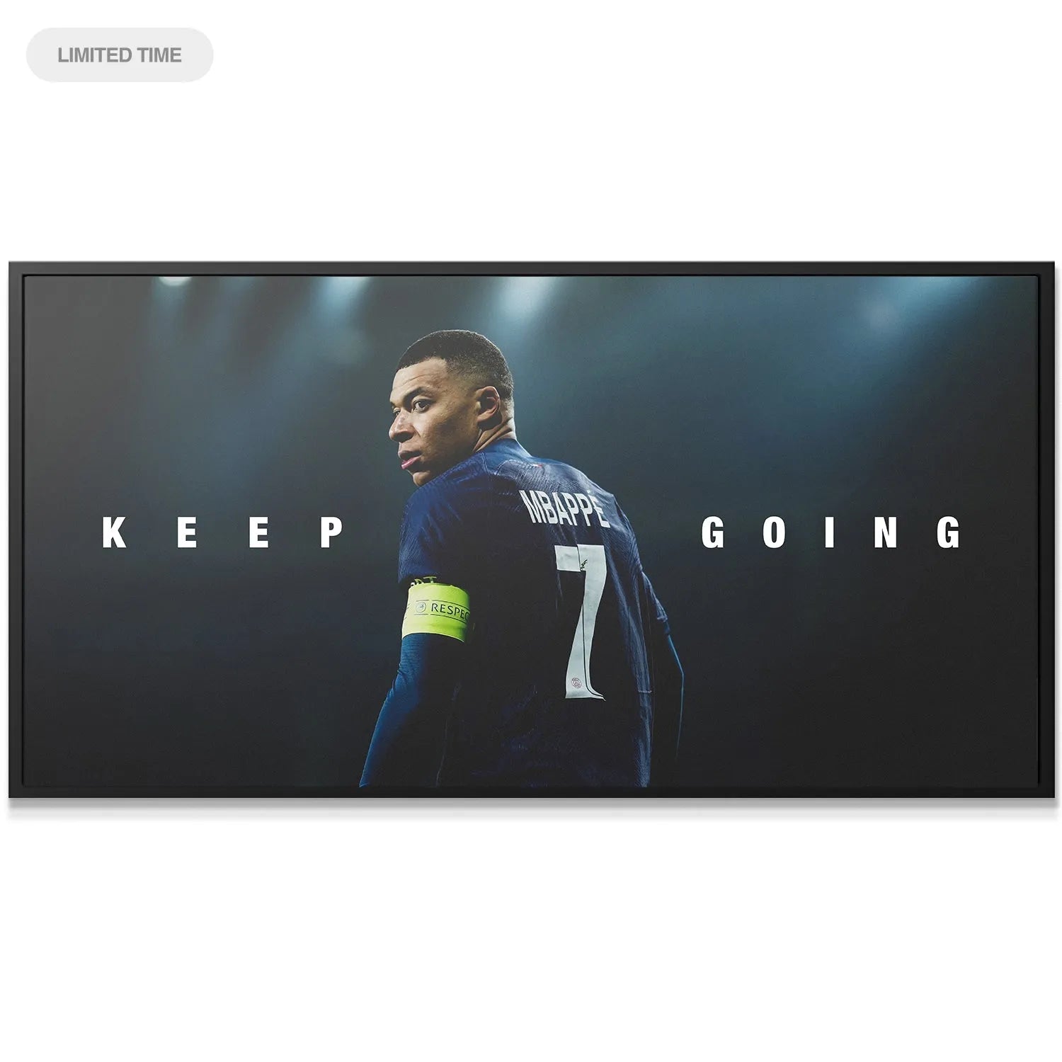 Close-up portrait view of Kylian Mbappé's focused expression on the Keep Going canvas print.