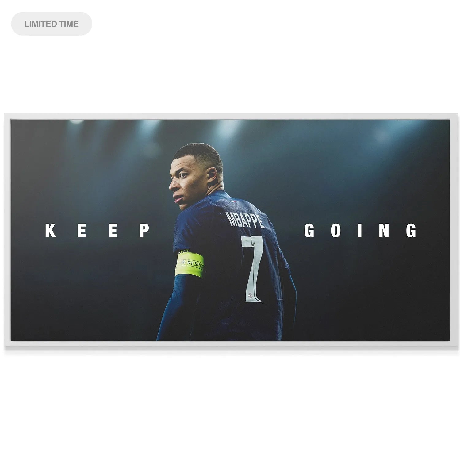 Detailed shot of the navy blue jersey and iconic number 7, embodying the spirit of Kylian Mbappé - Keep Going.
