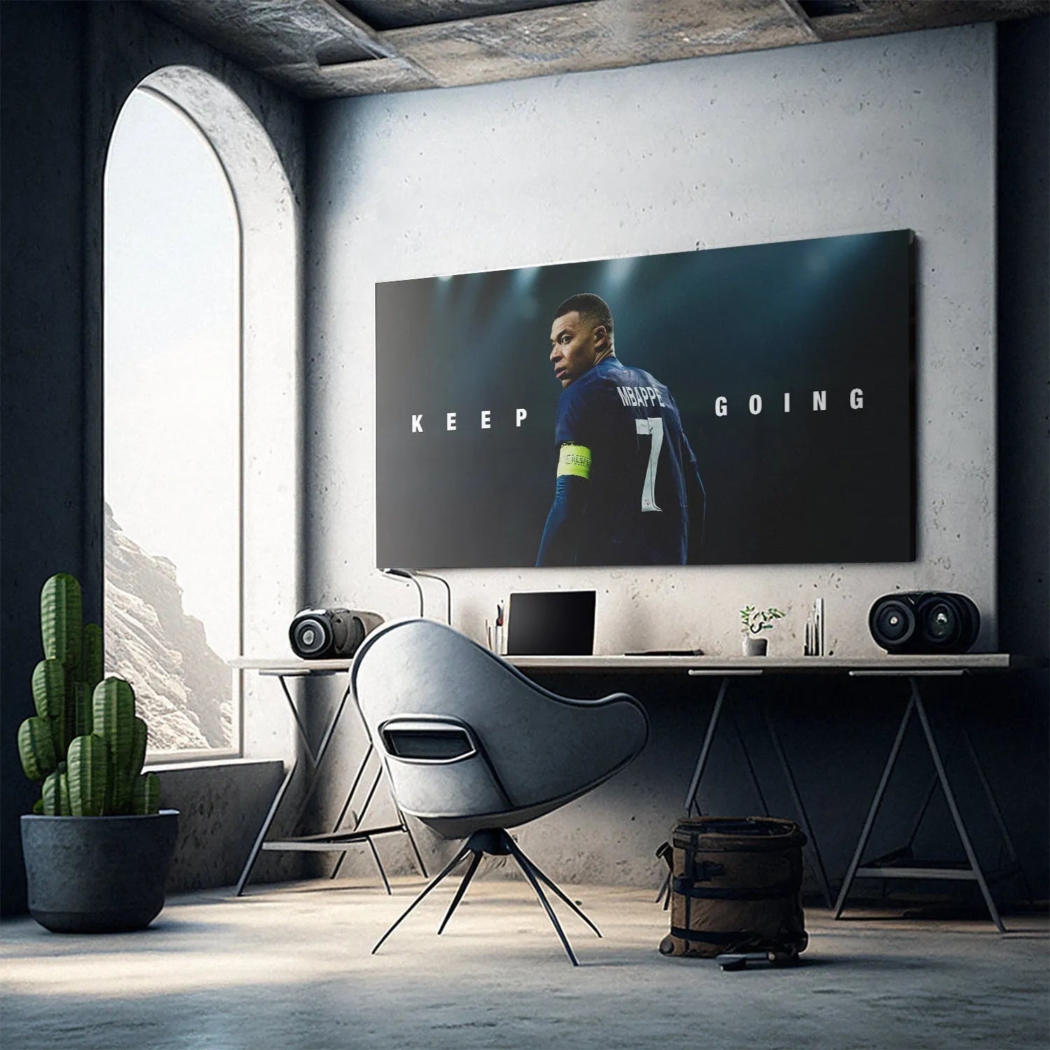 Dramatic stadium lighting highlighting the intensity of the Kylian Mbappé - Keep Going sports artwork.