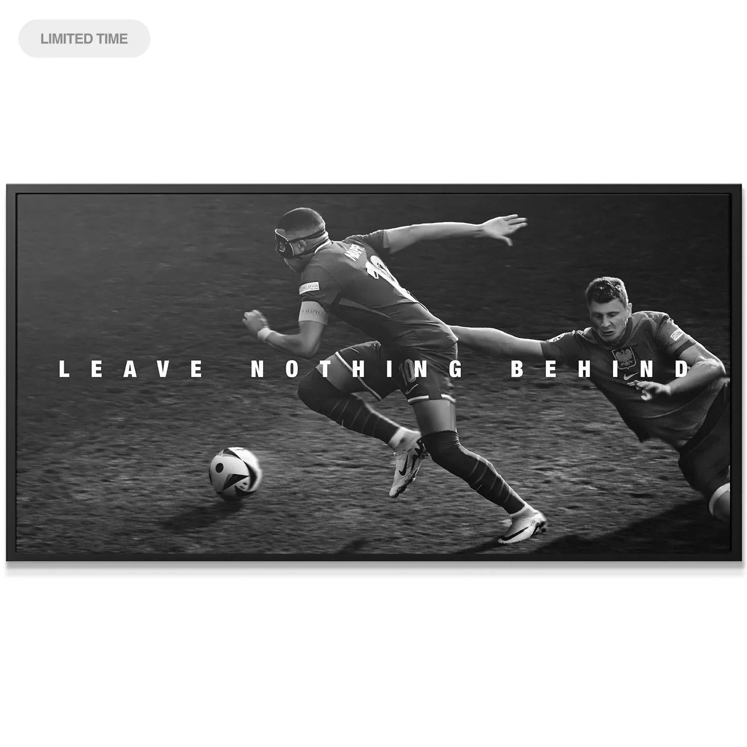 Dynamic black and white action shot showing motion blur on the grass: Kylian Mbappe - Leave Nothing Behind