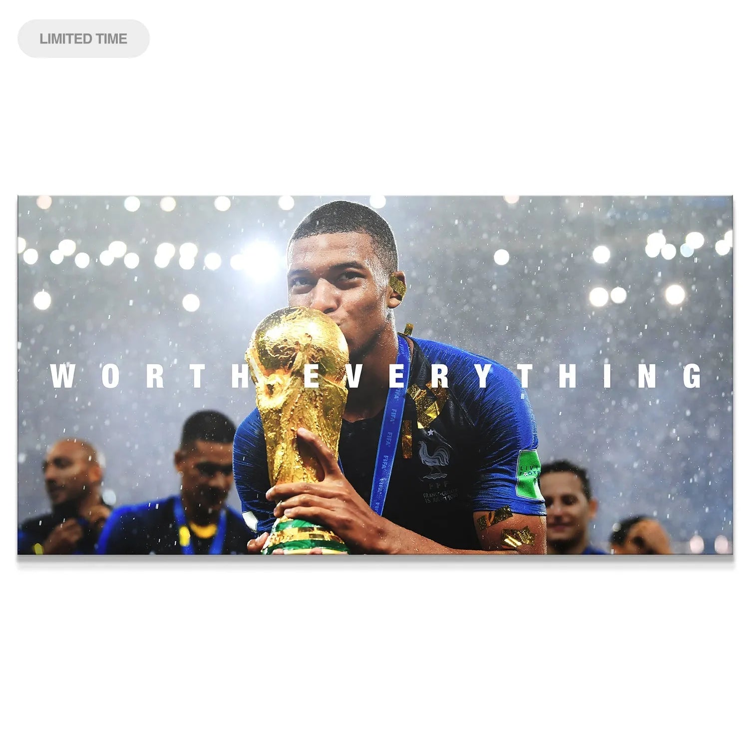 Close-up view of Kylian Mbappe kissing the golden trophy, titled Kylian Mbappe - Worth Everything.